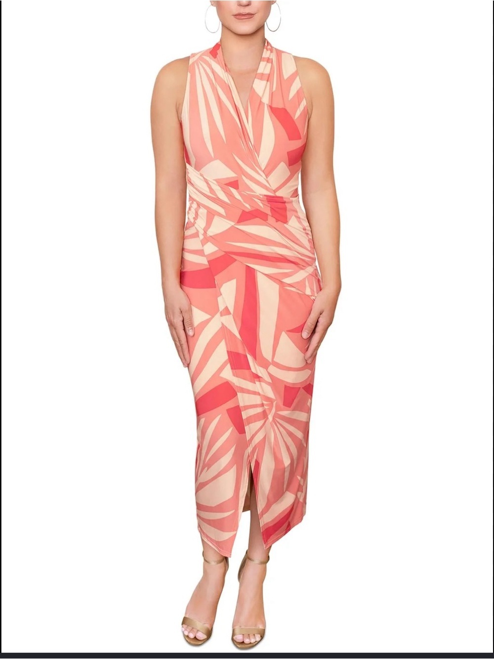 RACHEL Rachel Roy Coral and Cream Sleeveless Wrap-Style Midi Dress